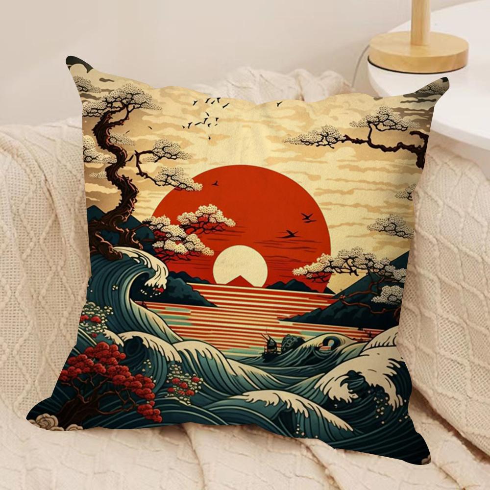 Japanese Waves Cushion Cover Silky Short Plush DoubleSided Printed Pillow Case for Sofa All Seasons Home Decor Gift