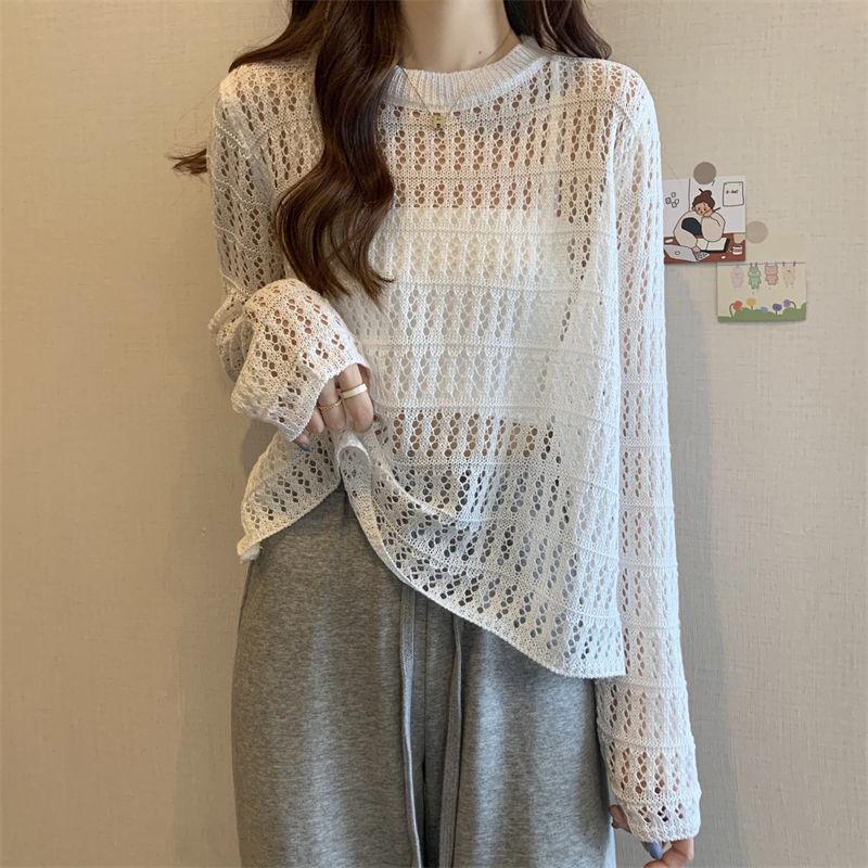 Women's Hollowed Out Knitted Sweater for Spring and Summer Loose Fitting Sun Protection Cover Long Sleeved Unique Top