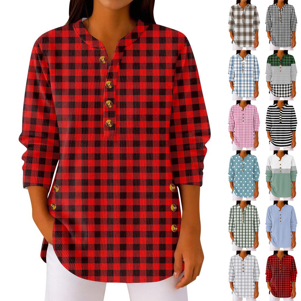 Women's Fashionable Button Collar Long-sleeved Christmas Print Pullover Top