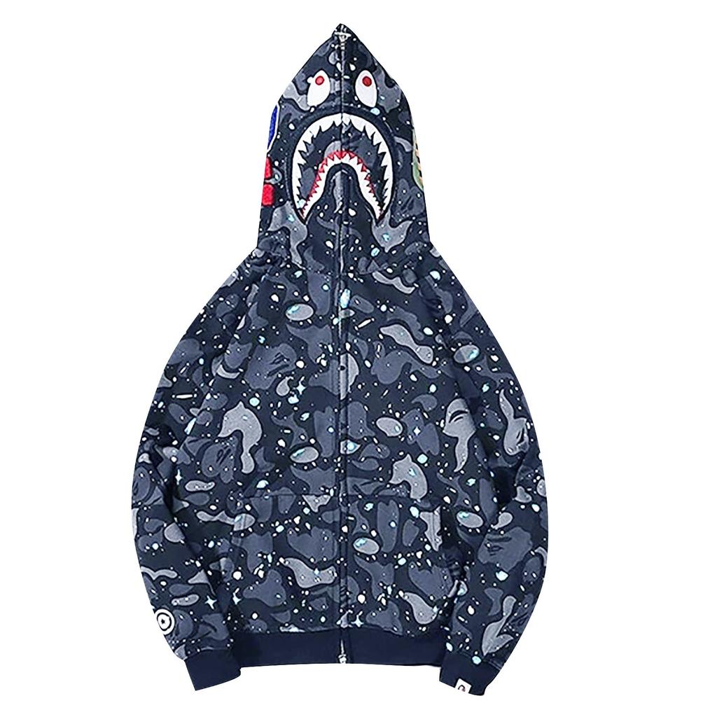 Japanese Style Shark Head Camouflage Zip Up Hoodie Full Zip Hooded Sweatshirt Casual Streetwear Fashion Outerwear for Men and Women