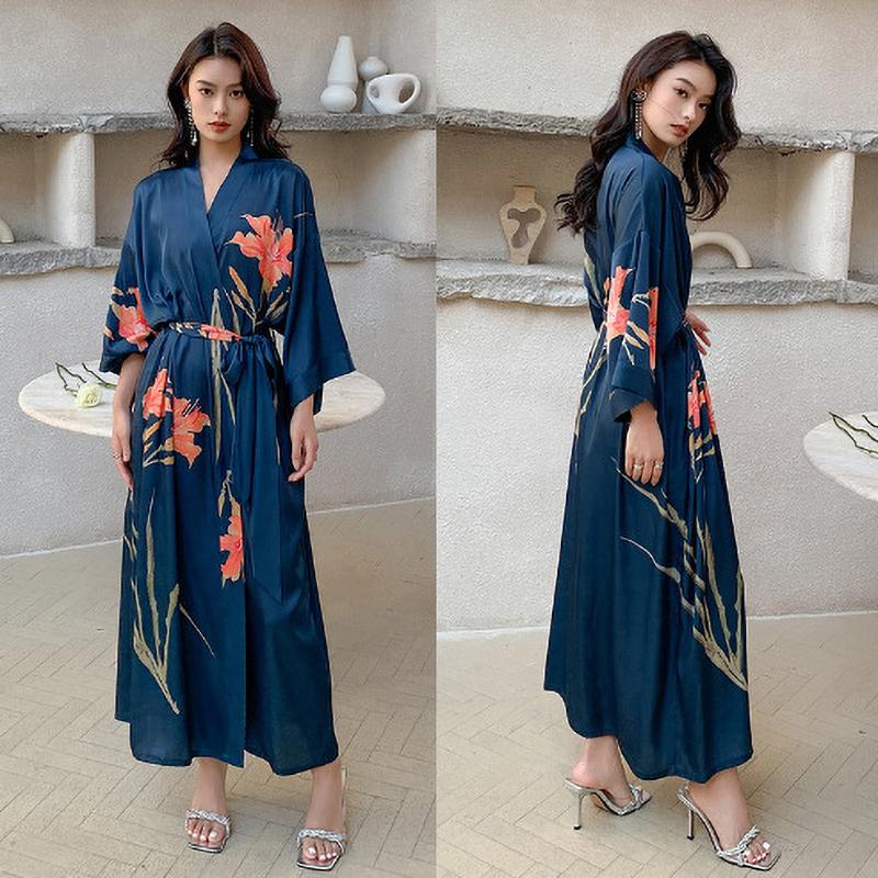 Spring Summer Long Robe Nightgown Sexy Print Flower Bathrobe Gown Casual Silk Satin Home Dress Lounge Wear