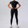 European & American Nude Feel Short Sleeve Yoga Jumpsuit - Women's Fitness Bodysuit with Zipper & Long Pants