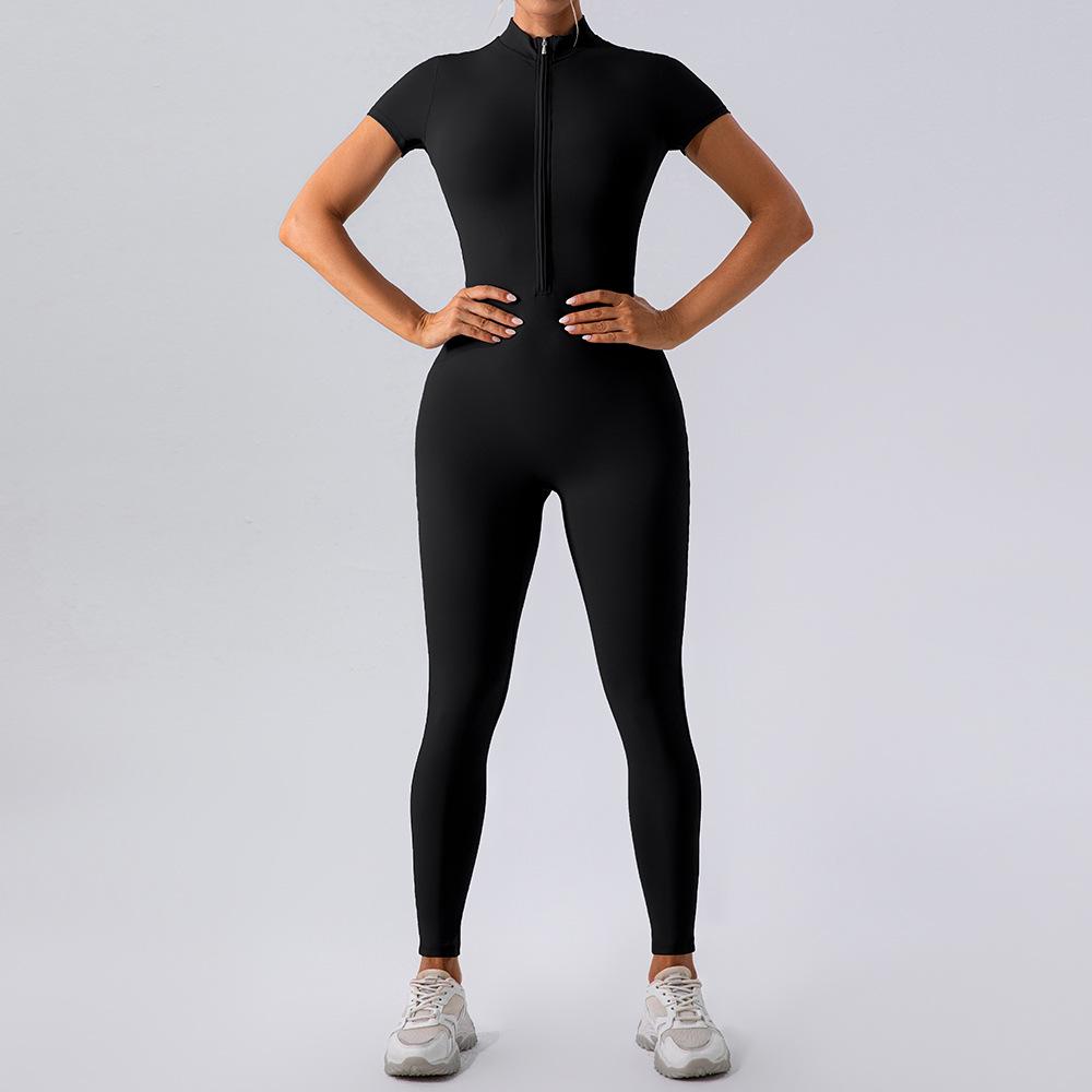 European & American Nude Feel Short Sleeve Yoga Jumpsuit - Women's Fitness Bodysuit with Zipper & Long Pants