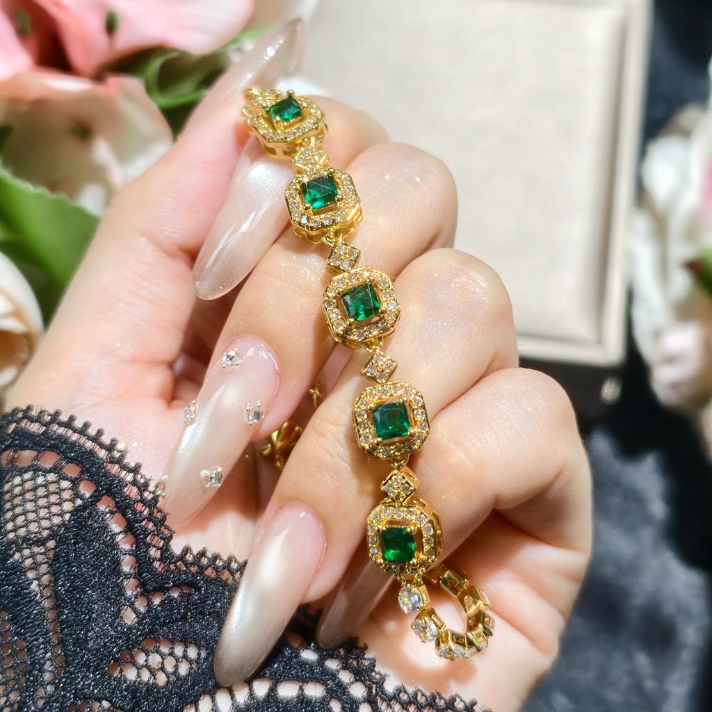 High-end Simulation Color Tourmaline Princess Square Full Diamond Bracelet Femininity Fashion Jewelry