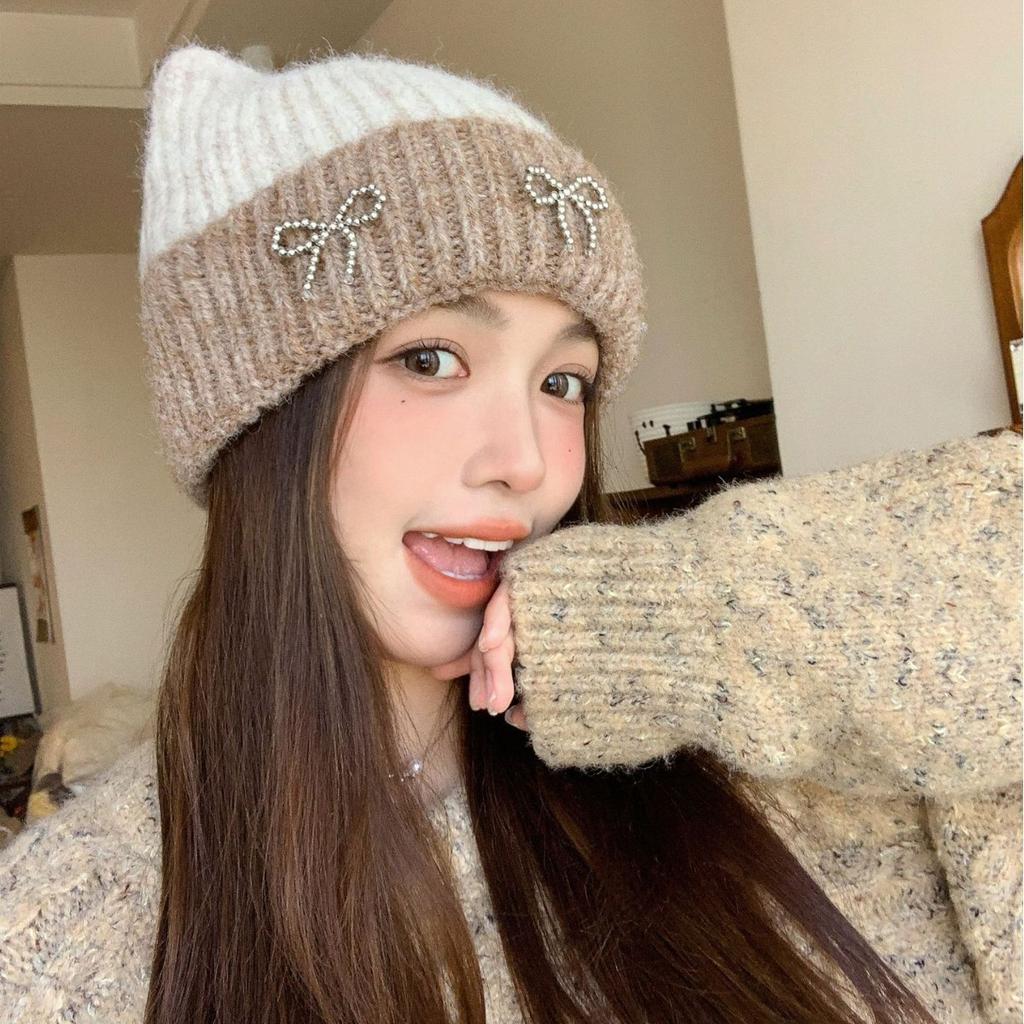 New autumn and winter wool hat female cute cat ears bow warm thickened cold ear protection knitted hat