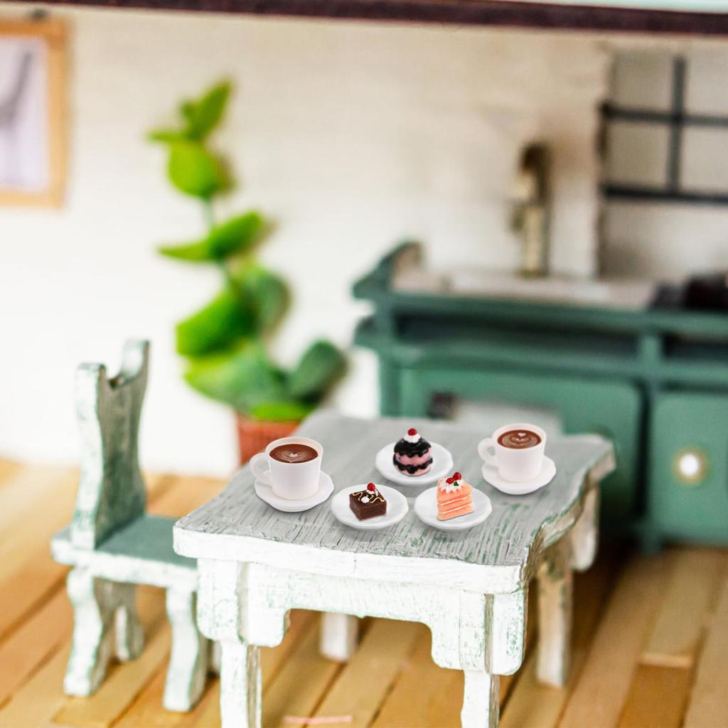 TOPPERFUN 24-teiliges Miniatur-Lebensmittel- und Kaffeetassen-Set, 1:Maßstab 1:12, für Puppenhäuser, Enthält 12 Kuchendummies, 6 Mini-Tassen und 6 Untertassen, Harz und