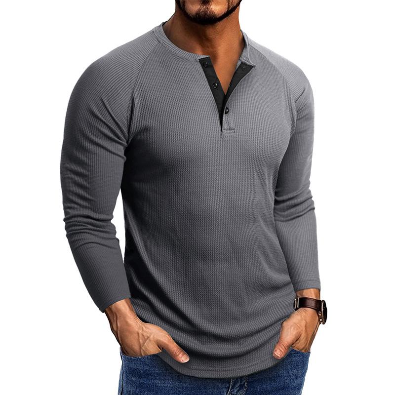 Men Casual Waffle Knit Henley Long Sleeve T Shirt