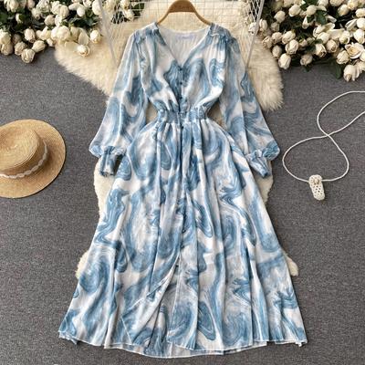 Wiosna Jesień Kobiety Dekolt w serek Długi Rękaw Wąska Sukienka Mid Retro Tie Dye Print Sukienki