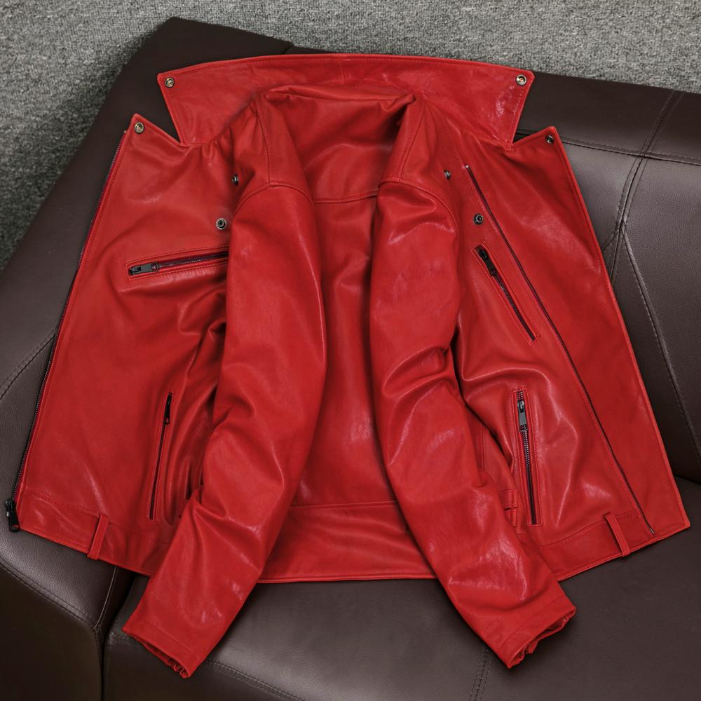 New Genuine Sheepskin Leather Jacket Men Slim Fit Korean Style Red Biker Coat
