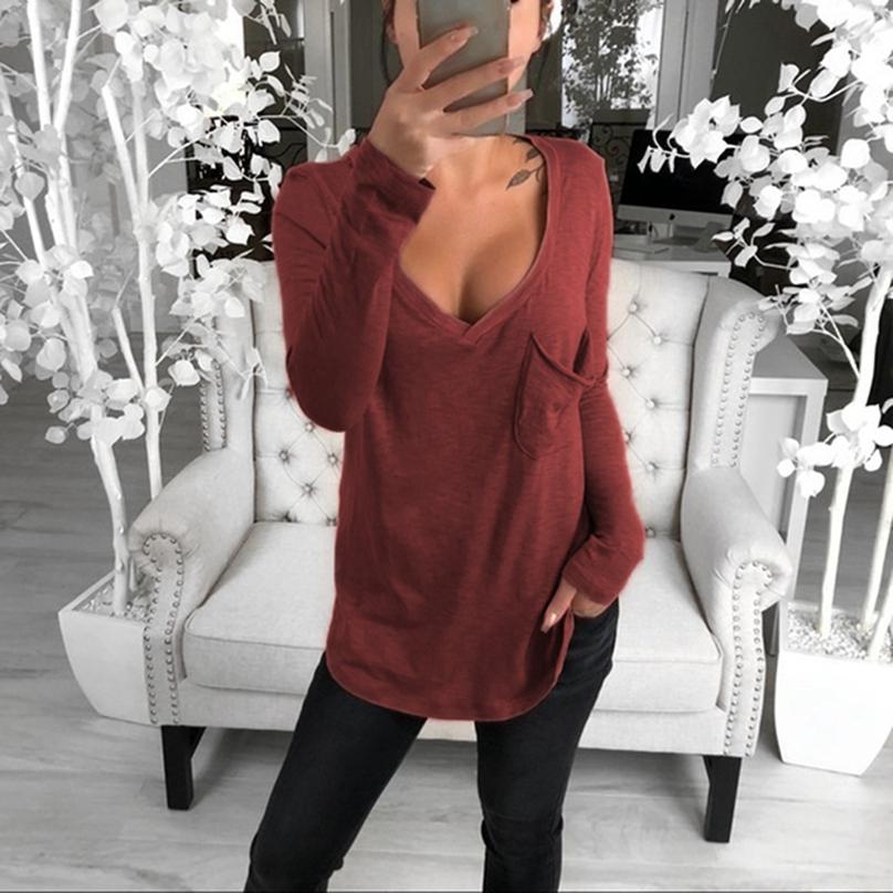 Fashion T-shirt Wild T-shirt Sexy V-neck Shirt Loose Pocket Top Casual Long Sleeve Bottoming T-shirt