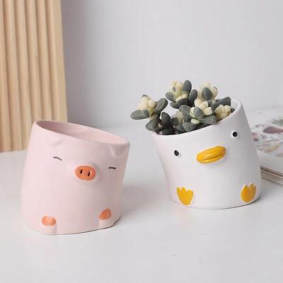Niedliche Cartoon-Tier-Ente und Schwein Keramik Blumentopf Kreative krumme Desktop Balkon Sukkulenten Pflanzen Blumentopf Dekoration