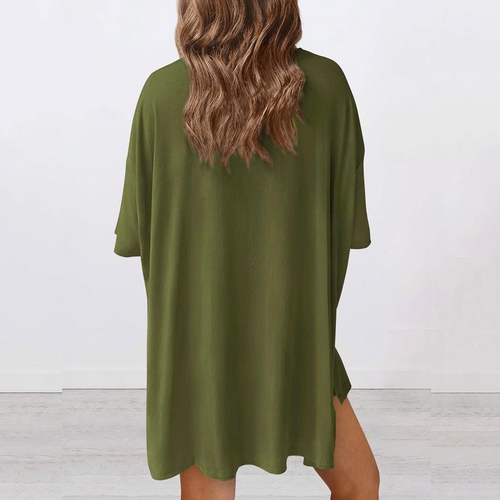 Women's Loose Fashion Solid Color Split Round Neck Short Sleeve Top Small Pocket Shorts Two Piece Set