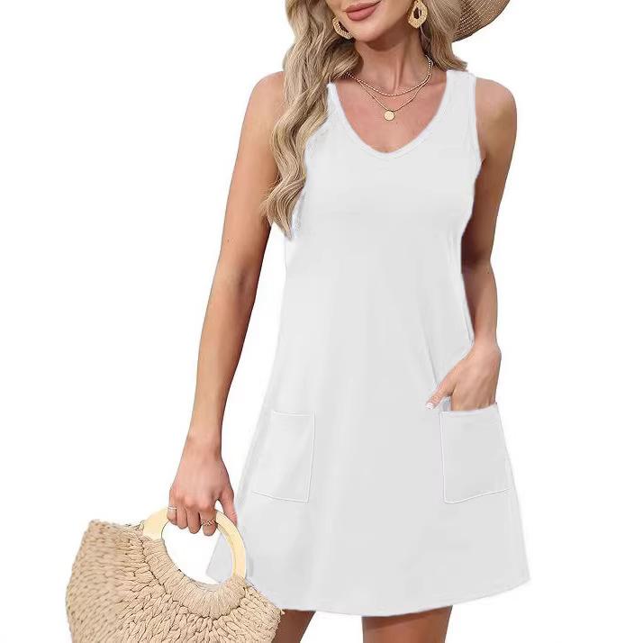 Summer Beach Loose V-Neck Sleeveless Pocket Dress Tank Top Skirt