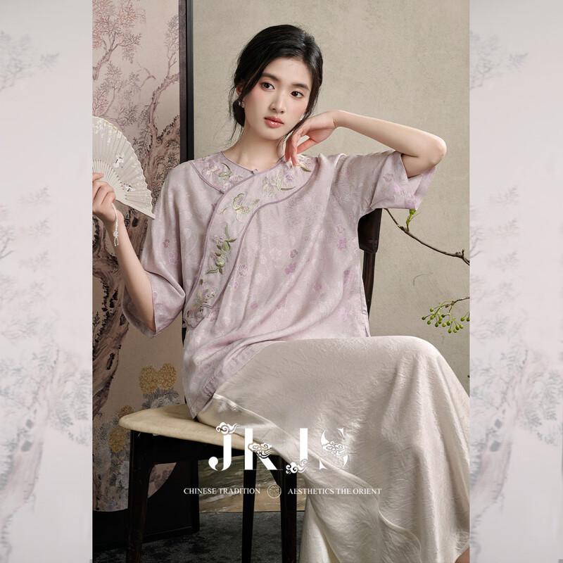 JK&JS New Chinese Style Silver Floral Rayon Embroidered Short-Sleeve Blouse S
