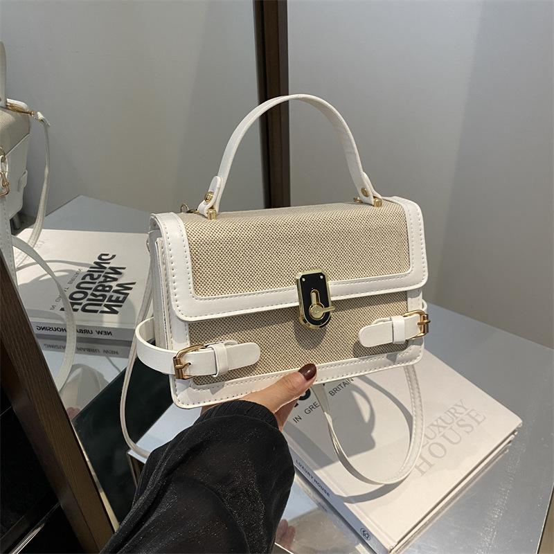 NEW Luxury Designer Lock Straw and PU Leather Patchwork Women's Handbag Retro Crossbody Bag Flap Tote