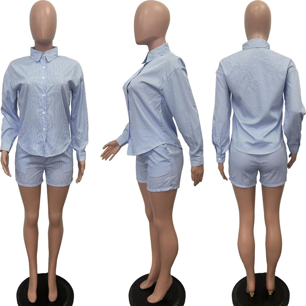 Frühling/Sommer Damen Gestreiftes Knopfrevers Zweiteiliges Set