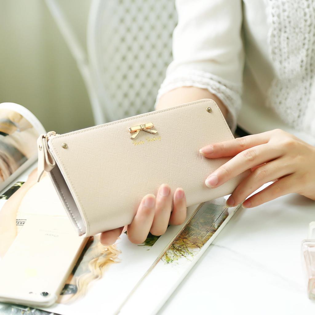 Fair Fairy Women's Wallet, Simple Ribbon, L-Zip, Genuine Cowhide Leather, Elegant, Large Capacity, Cute, 160724 (Pink Beige)