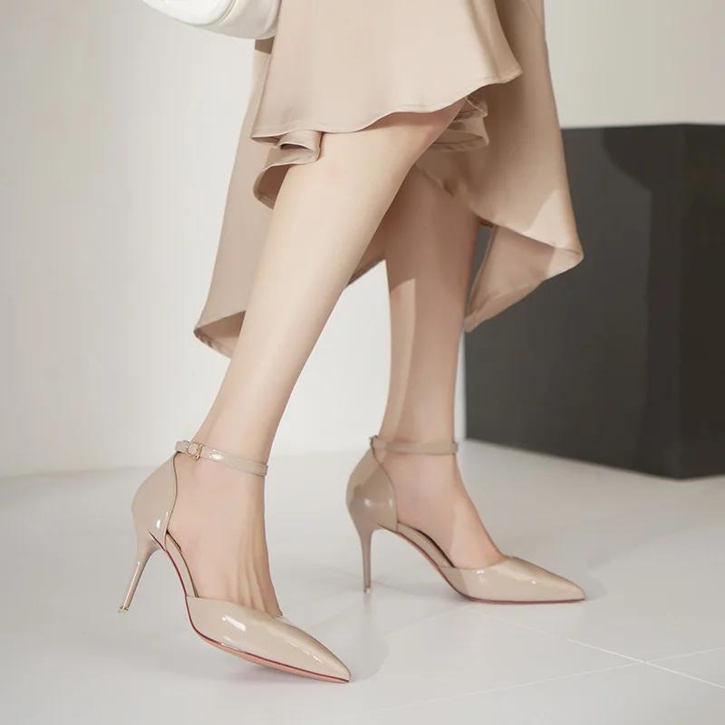 Summer Fashion Ladies Pumps Pointed Toe Patent Leather Buckle High Heeled Sandals Women Career Commuter Wedding Shoes