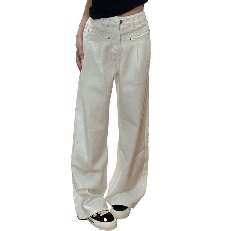 Frayed White Denim Jeans Female Summer Drape High-waisted Straight Loose Skinny Trailing Wide-legged Pants Retro Street Style Baggy Jeans for Ladies