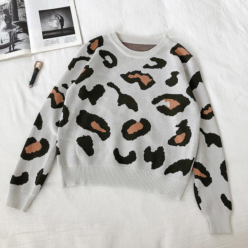Suéter curto com estampa de leopardo slim, gola redonda, manga comprida, pulôver, malhas femininas jovens