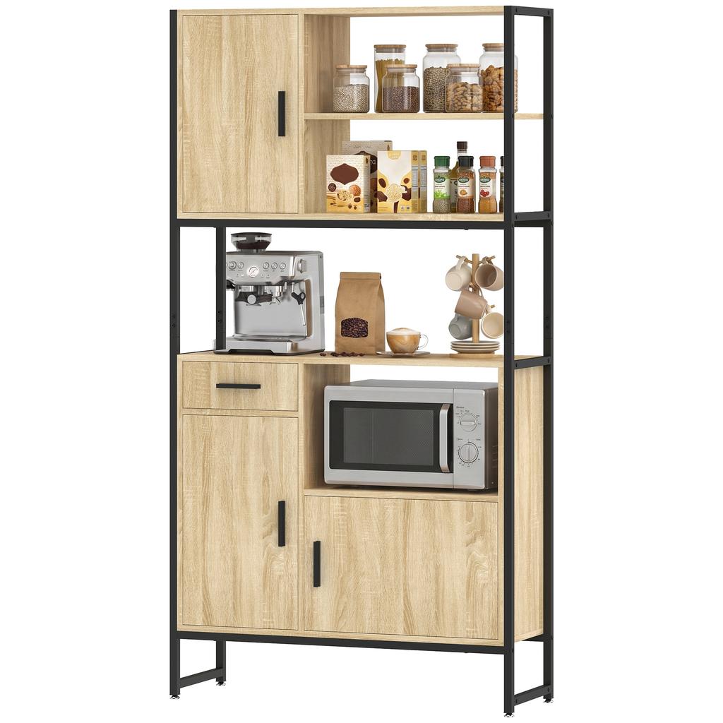 High Kitchen Buffet, 3 Soft-Close Doors, Drawer, Worktop, Open Shelves, Natural