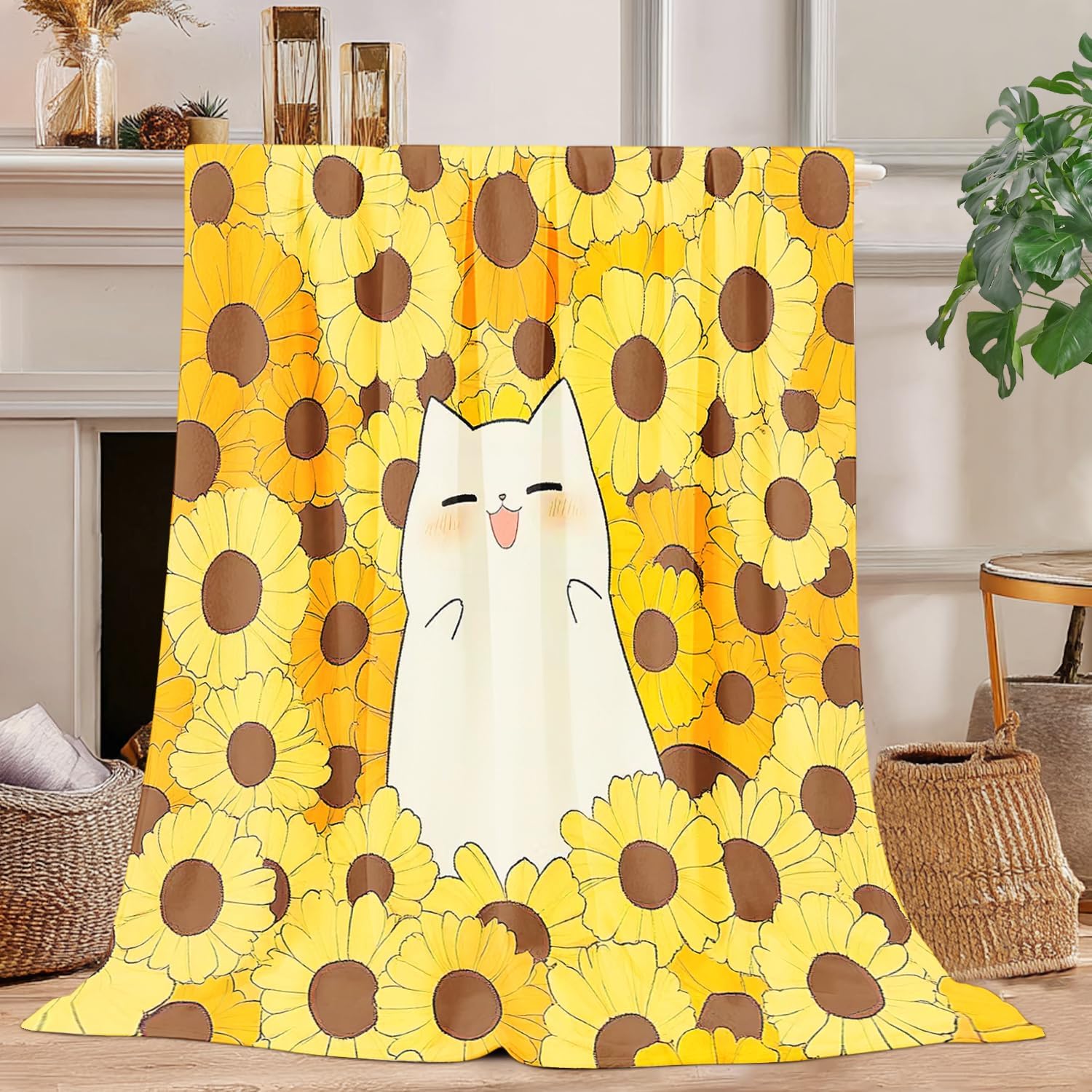 Cat Sunflower Blanket Cat Sunflower Decor Cozy Animal Throw Super Soft Plush Flannel Fleece Blanket Gift for Kids Adults Men 75X95CM