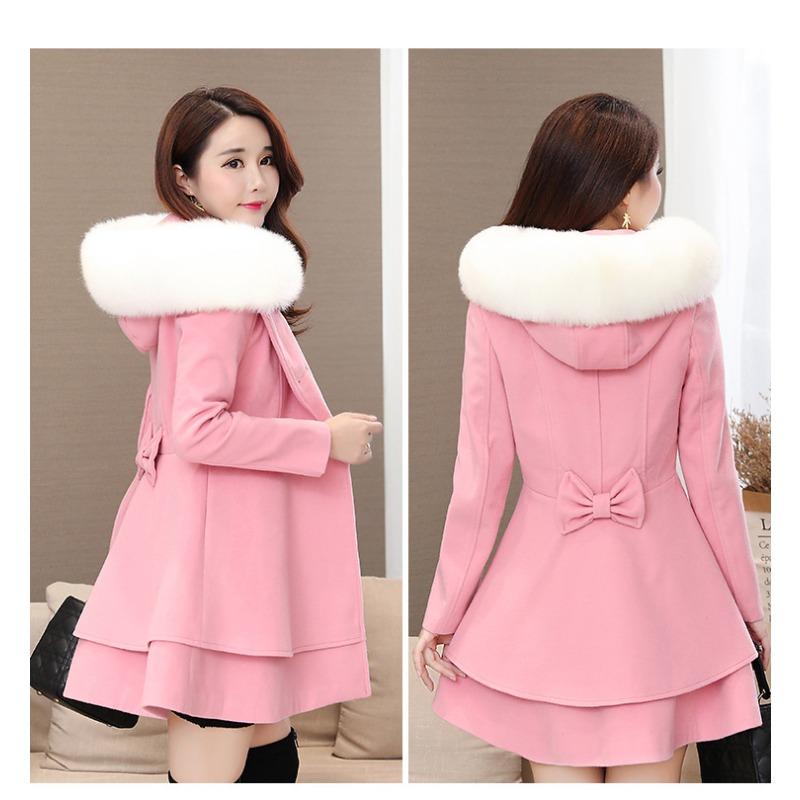 Women's contrasting color fur collar woolen jacket Nizi coat slim fit