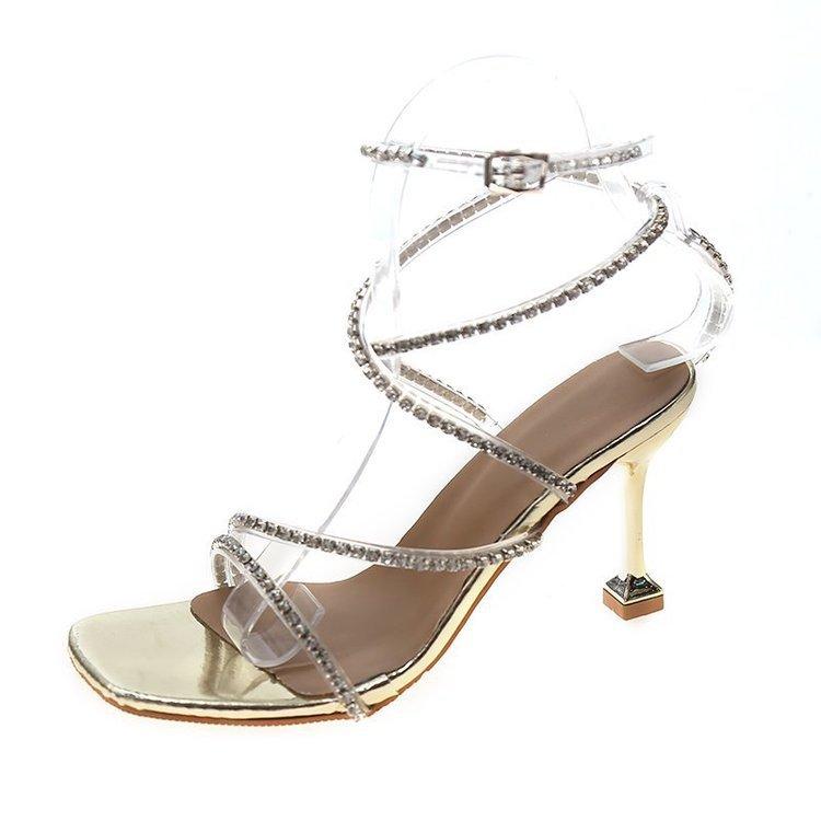 

Женские босоножки 2024 лето новые квадратный носок прозрачные стразы интернет-знаменитость фея стиль модные шпильки ремешок высокие каблуки 40 золотой