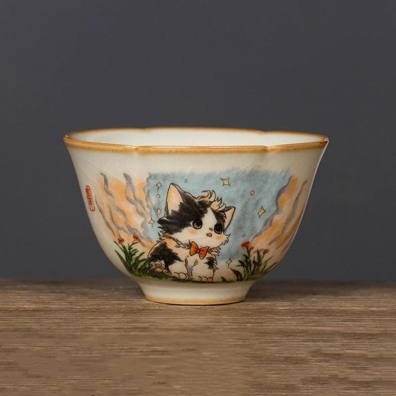 

2Pcs/lot 65ml Cute Cat Teacup Chinese Ru Yao Ceramic Opening Cup Pottery Beautiful Cups Tea Cup Set Teaware For Tea Ceremony 65ml