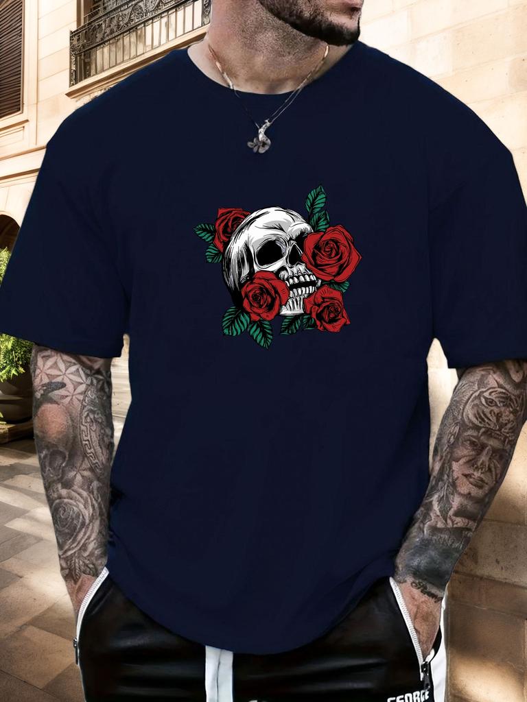 Mens Casual Tshirt Skull Rose Print Short Sleeve Round Neck Breathable Soft Oversized Edgy Daily Wear Tee