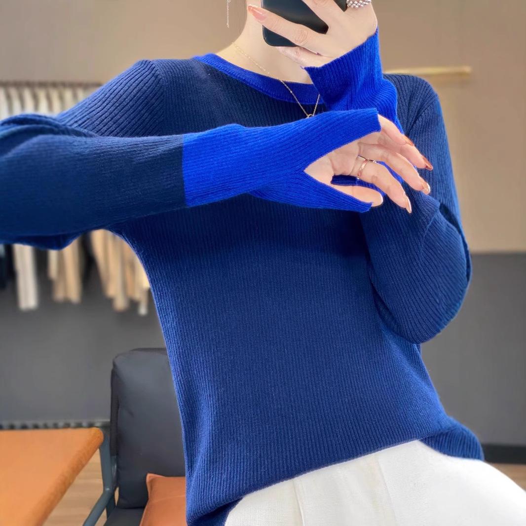 

Color Block Wool Knit Sweater - Slim Fit, Round Neck, Long Sleeve, 2025 Fashion Extra Large сірий колір