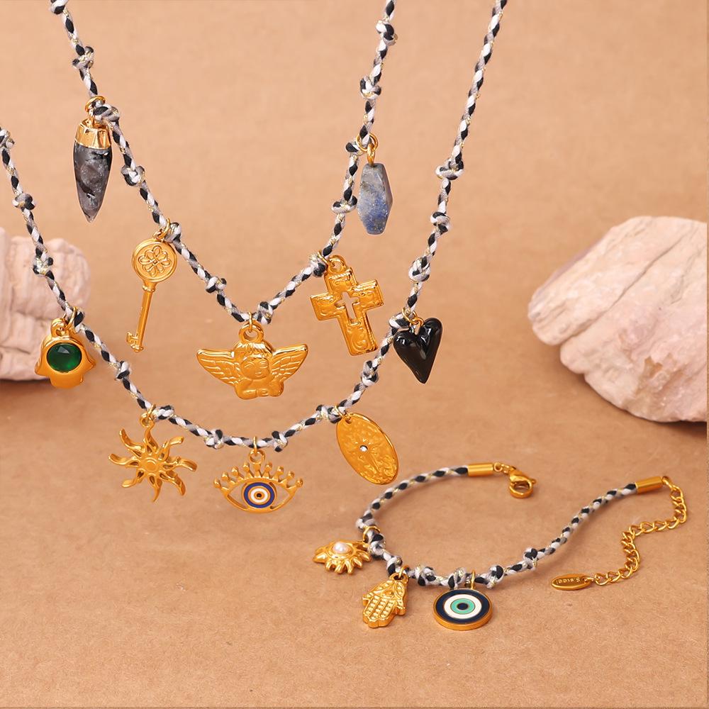 European-American Geometric Woven Rope Jewelry Set: Natural Stone Bracelet & Necklace