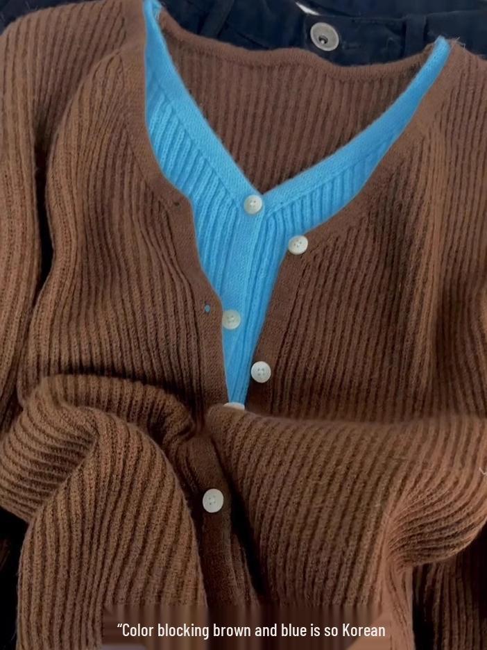 Dámský pletený kardiganový top ve stylu korejského V-výstřihu s barevnými bloky na podzim/zimu