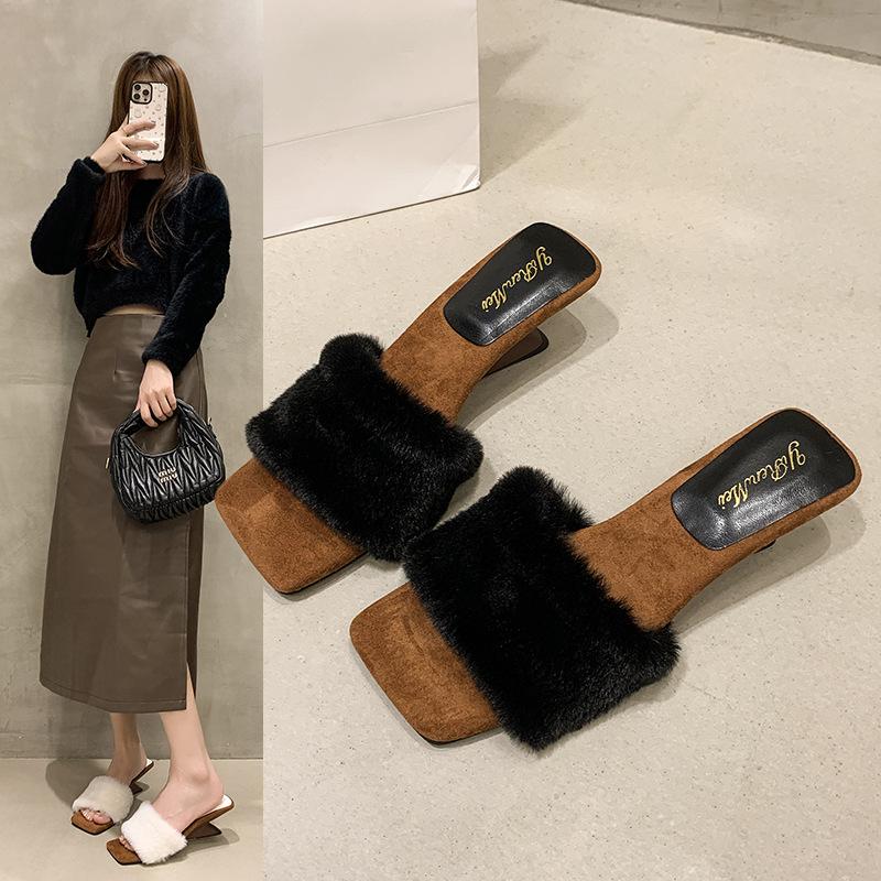 Papuci pufoși premium noi, cu toc înalt, din catifea, din bumbac, 2025, purtați toamna și iarna, papuci răcoroși cu toc înclinat