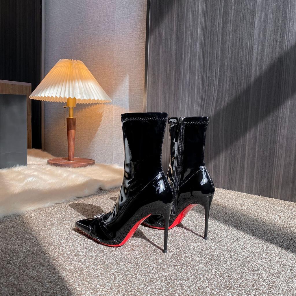 [Spot] 2025 Autumn and Winter New Patent Leather Pointed Tip Thin Heel Sexy Short Boots Slim High Heel Fashion Boots Short Boots