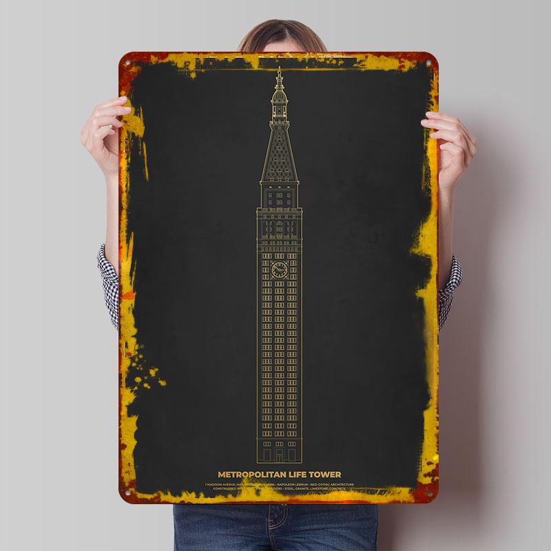 

Metropolitan Life Tower Tin Plaque Poster Customized Wall Art Retro Vintage Metal Signs for Man Cave Gaming Room Decoration Home 7.9x11.8In(20x30cm)