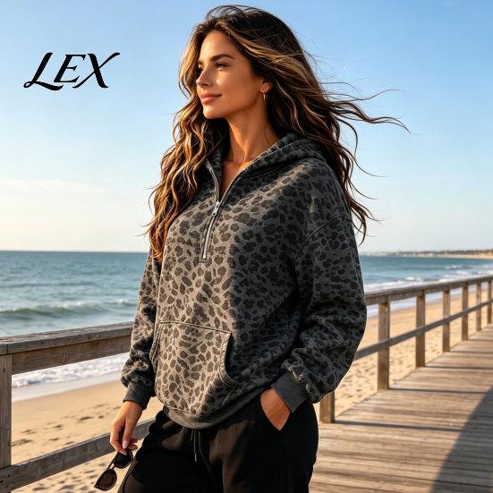 Kadın Oversize Sweatshirt Leopar Desenli Kapüşonlu, Yarım Fermuarlı Kapüşonlu Kanguru Cep Cepli, Sonbahar Uzun Kollu Günlük Kazak Üst İlkbahar Sonbahar