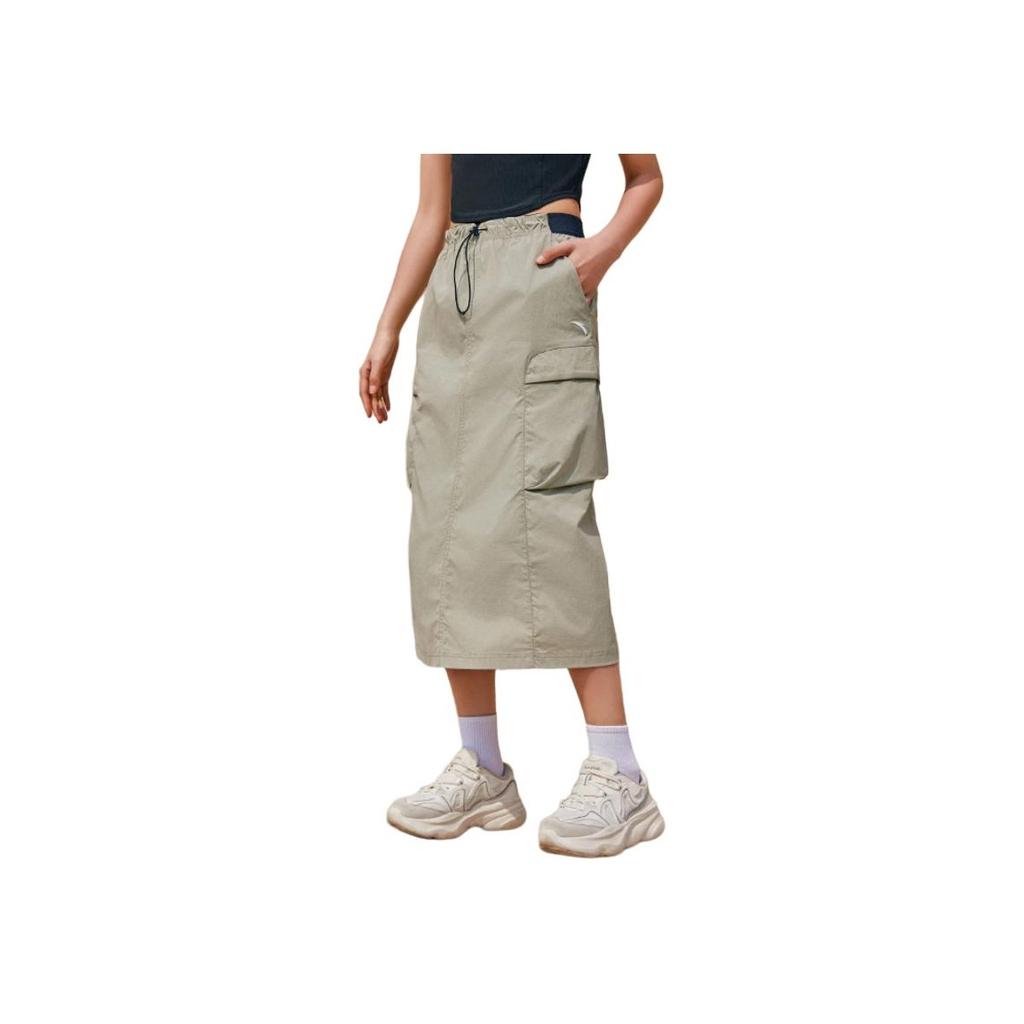 Anta Color Block Mid Waist Straight Casual Long Skirt Women skirts Mushroom-Gray 162428208-1