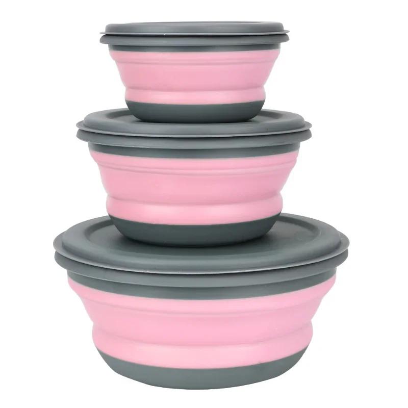 Portable Picnic Camping Foldable Fruit Salad Bowl Set, 3Pcs/Set Silicone Folding Lunch Box with Lid, Kitchen Tableware Kit