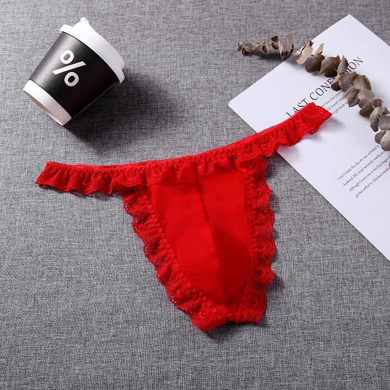 Sissy Pouch Lingerie Panties Sexy Mesh Lace Trim Dummy Sex Thong Low Waist Hip Lift Bikini Briefs Gay Male Night Sleepwear