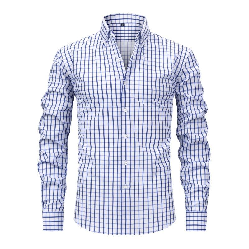 Men's High-Grade 4-Way Stretch Plaid Print Long Sleeve Shirt, Turn-down Collar Men Shirt Wholesale