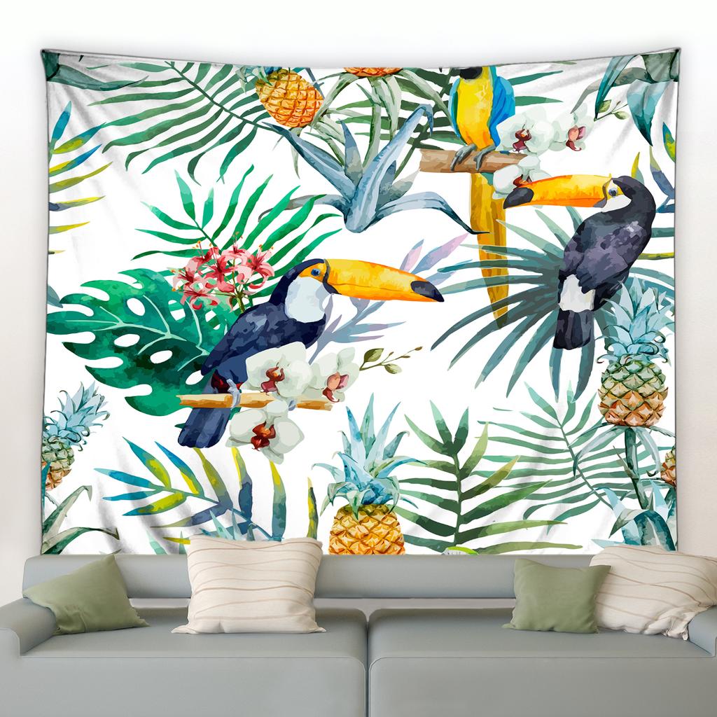 Papagal colorat Monstera Frunză de banană Acuarelă agățat pe perete Natură Peisaj Tapiserie pentru cameră de zi Tapiserie cu plante tropicale