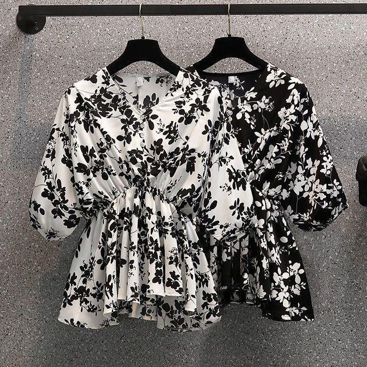 Plus Size Suit Female Mother Summer Dress Fat Sister Fashion Waist Floral Micro-lapped Pants Slim Two-piece Suit