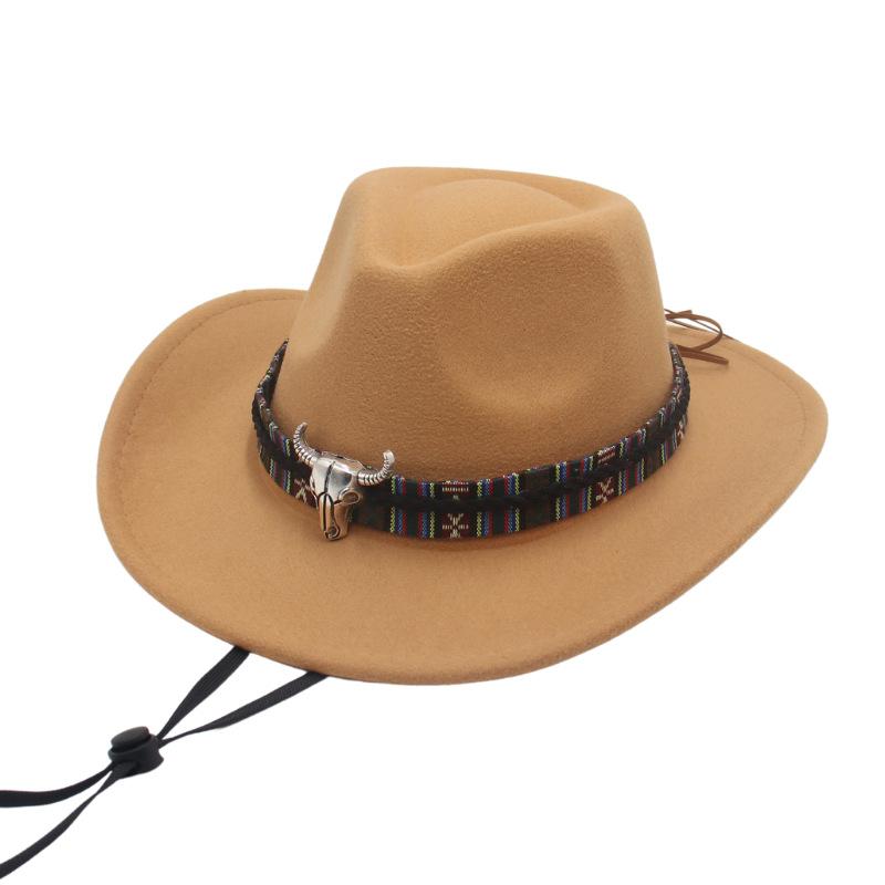 Metal Bull Head Tibetan Ethnic Style Top Hat Windbreak Rope Western Cowboy Jazz Top Hat European And American Felt Hat
