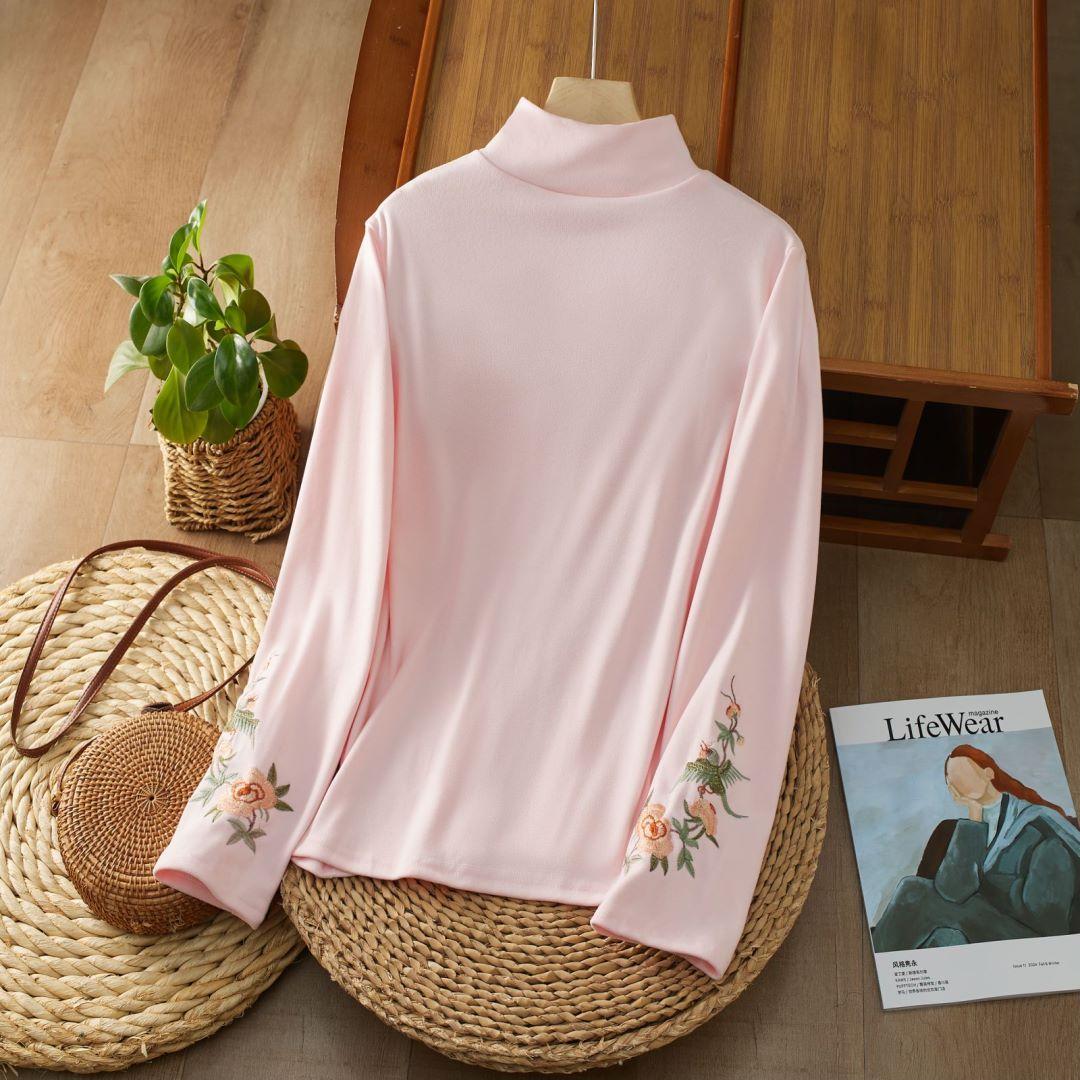 

Осень Зима Женская Бархатная Майка Вышитая Свободная С Длинным Рукавом Высокая Эластичность Футболка 4XL розовый