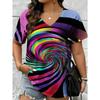 Summer Fashion Vintage Stripes 3D Personality Printed T-shirt Women's Loose Comfortable Soft Breathable V-neck Short Sleeved T-shirt