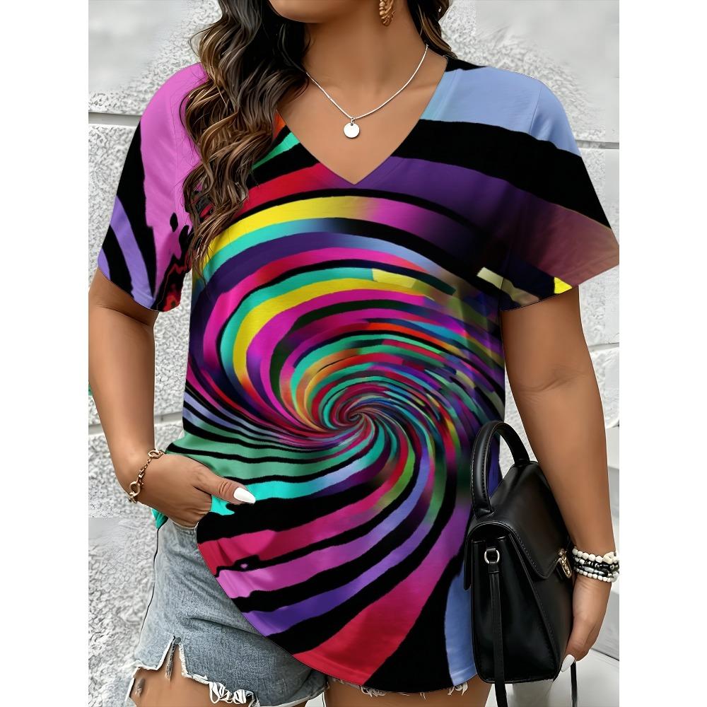 Summer Fashion Vintage Stripes 3D Personality Printed T-shirt Women's Loose Comfortable Soft Breathable V-neck Short Sleeved T-shirt
