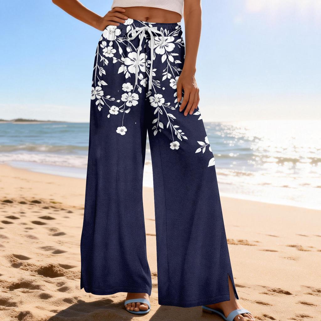 Women Summer Boho Palazzo Pants High Waist Wide Leg Printing Casual Trousers With Pockets