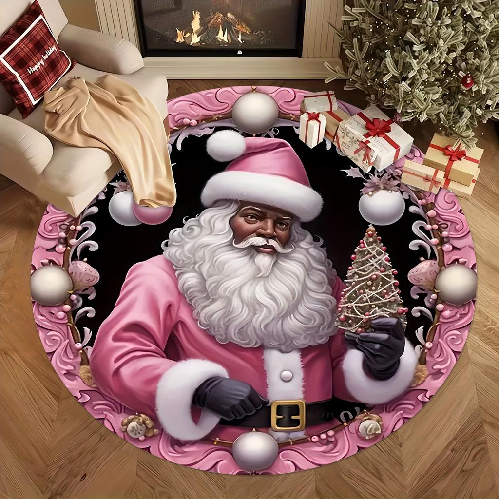 1Pcs Christmas Black Santa Pattern Round Area Rug Indoor Non-Slip Washable Fiber Carpet Soft Comfortable Mat For Bedroom Living Room