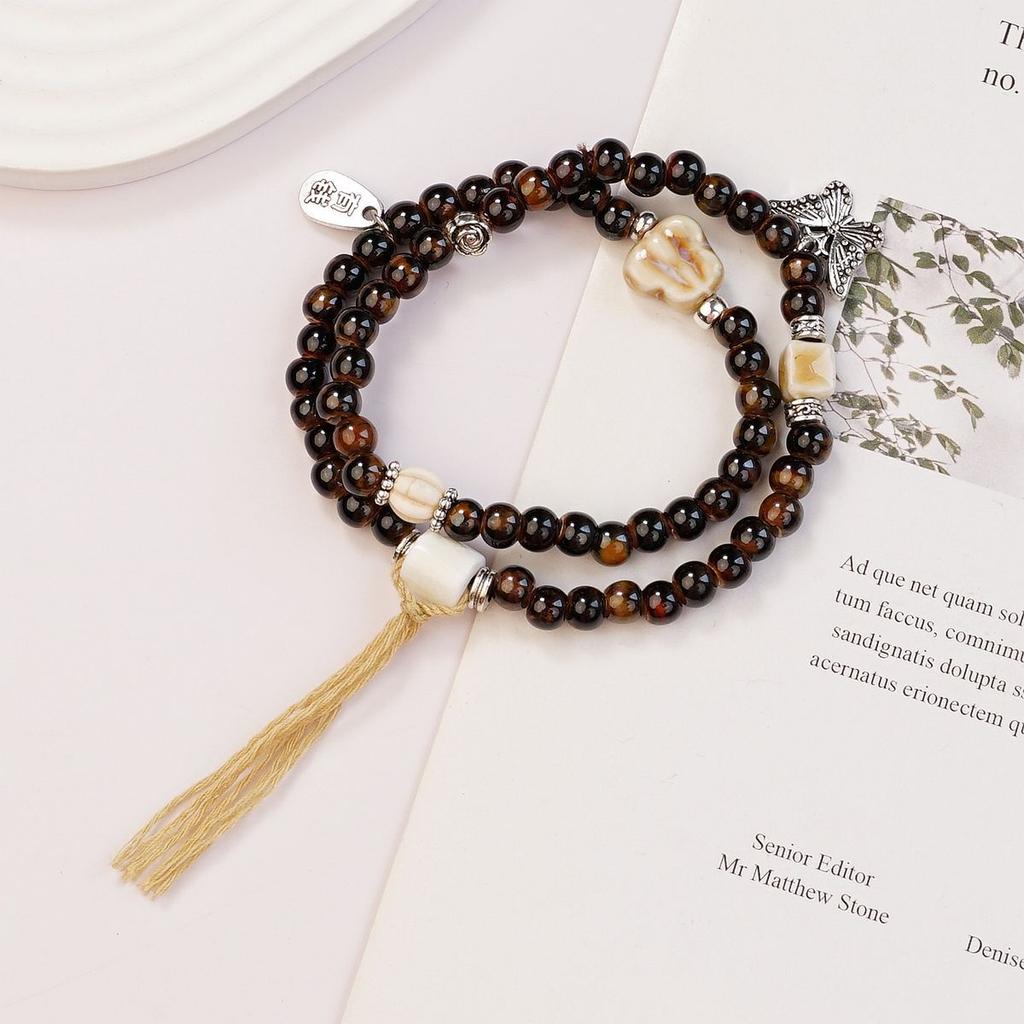 New Ceramic Beaded Bracelet Double Circle Chinese Style Tassel Summer Accessories Jewelry Live Stream Supply